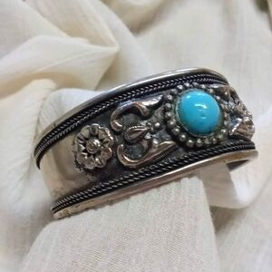 Silver and Turquoise Floral Cuff Bracelet